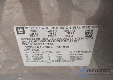 2015 Chevrolet Silverado C1500 Lt из США, поврежденный, VIN 3GCPCREC8FG391853